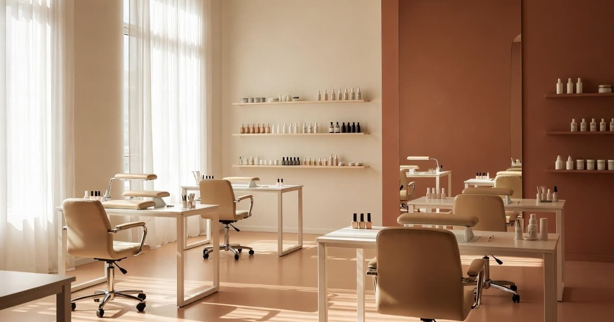 A calm, well-lit nail studio interior prepared for the day
