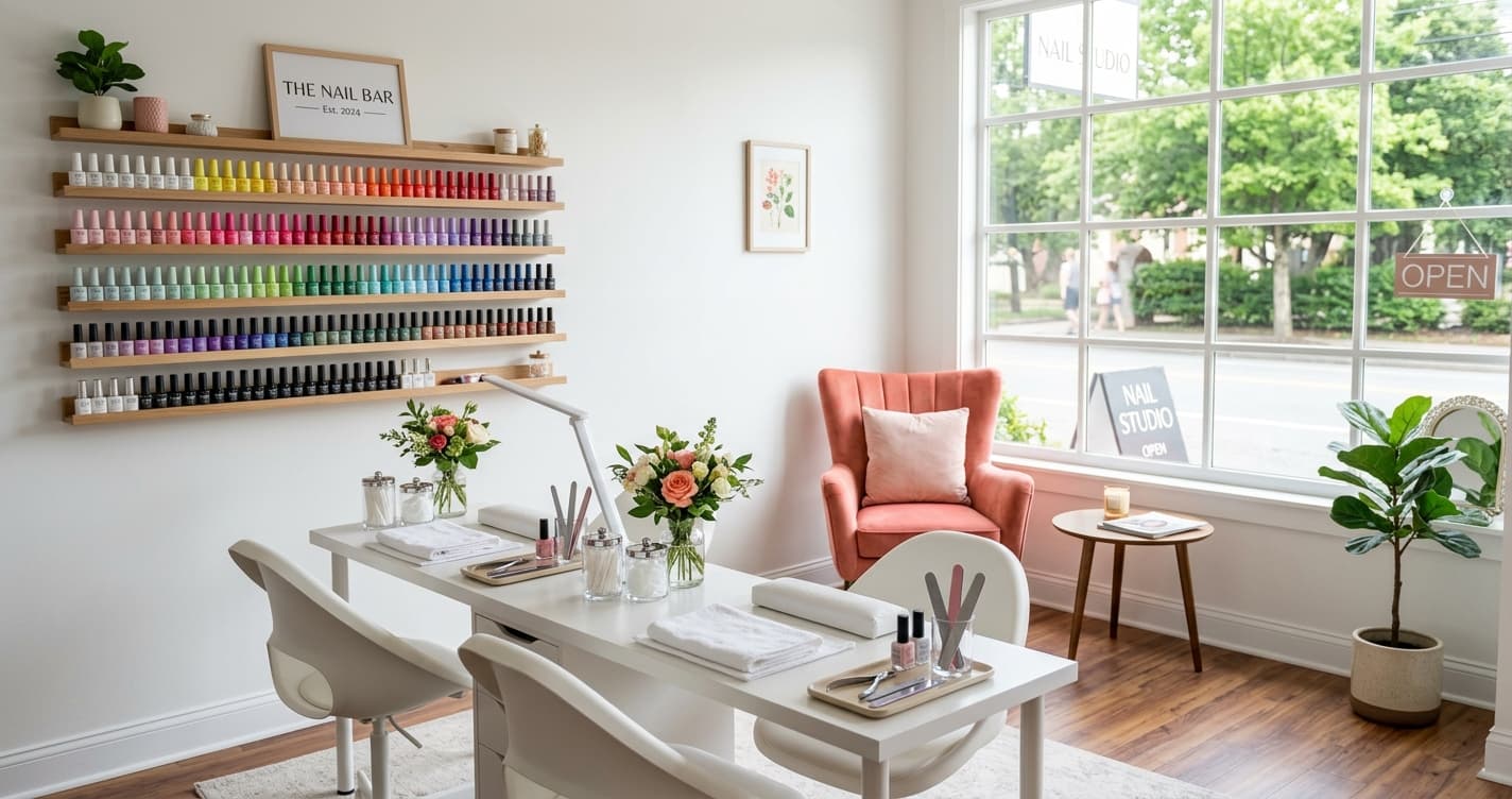 A bright, newly opened nail studio with two manicure stations ready for clients