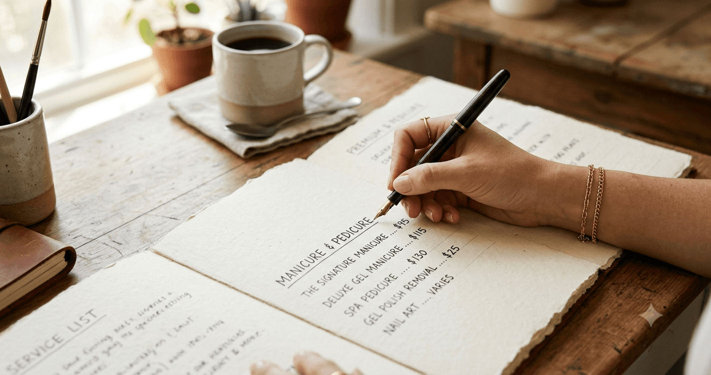 A hand drafting a service price list on cream paper in soft natural light