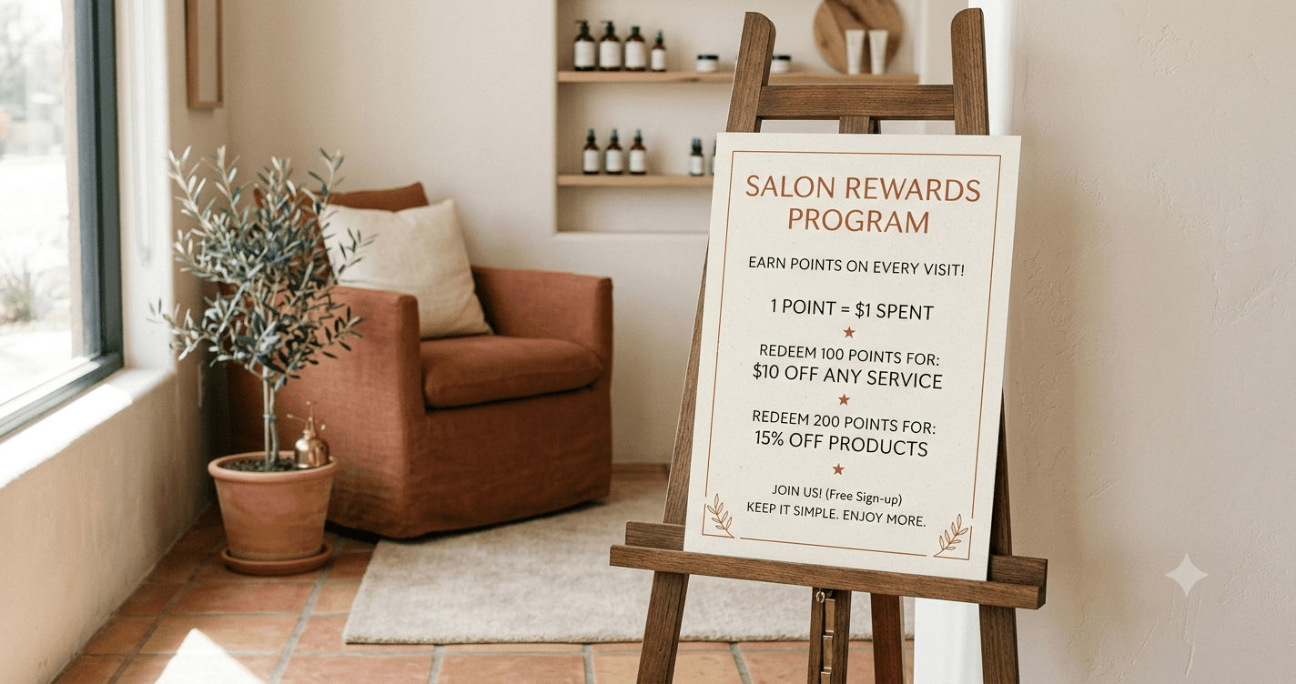 A simple chalkboard sign explaining a loyalty program in a calm salon