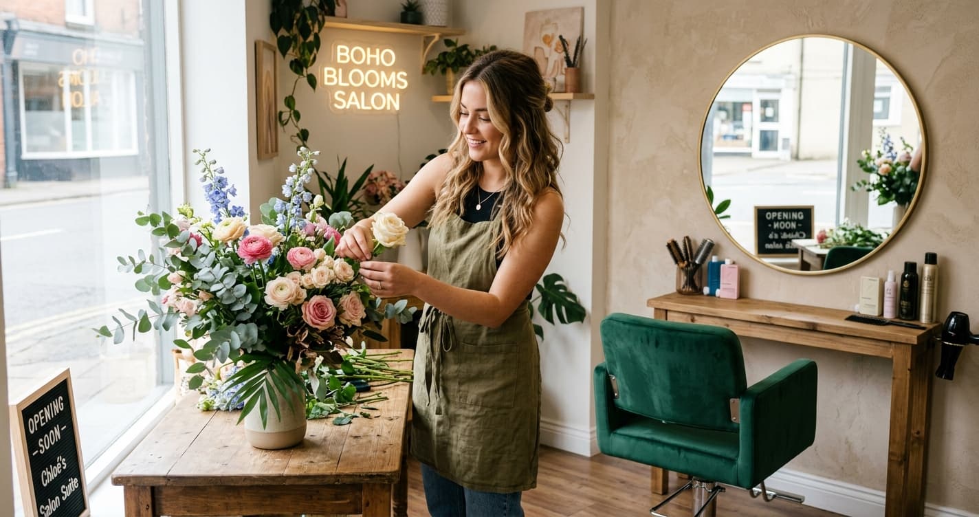 A stylist setting up her own small studio suite with fresh flowers and a new chair