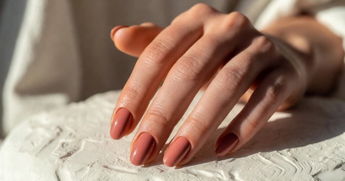Overhead editorial shot of freshly painted terracotta nails on a textured cream surface, softly lit with a minimal composition.