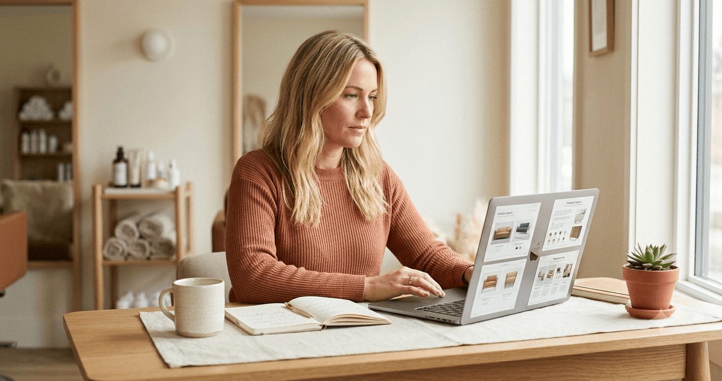 A salon owner comparing booking software options on a laptop in soft daylight