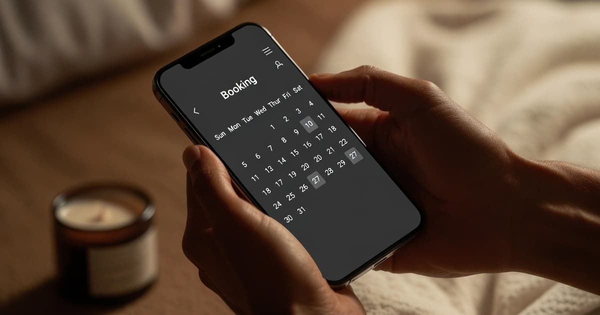 A phone displaying a clean booking calendar interface in warm light