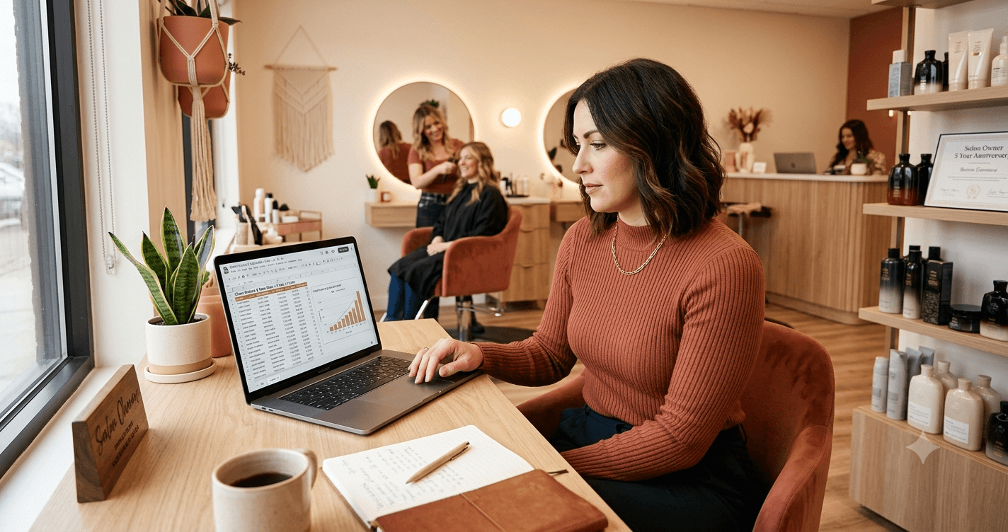 An owner reviewing client data on a laptop in a modern salon suite