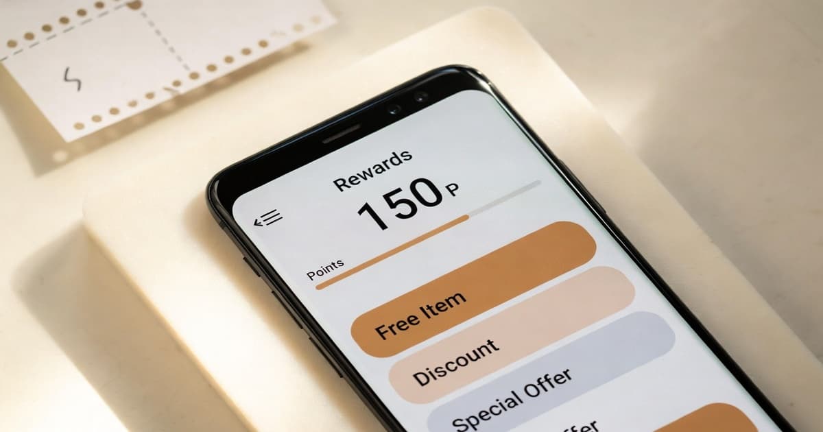 A phone showing a clean loyalty rewards interface on a cream surface