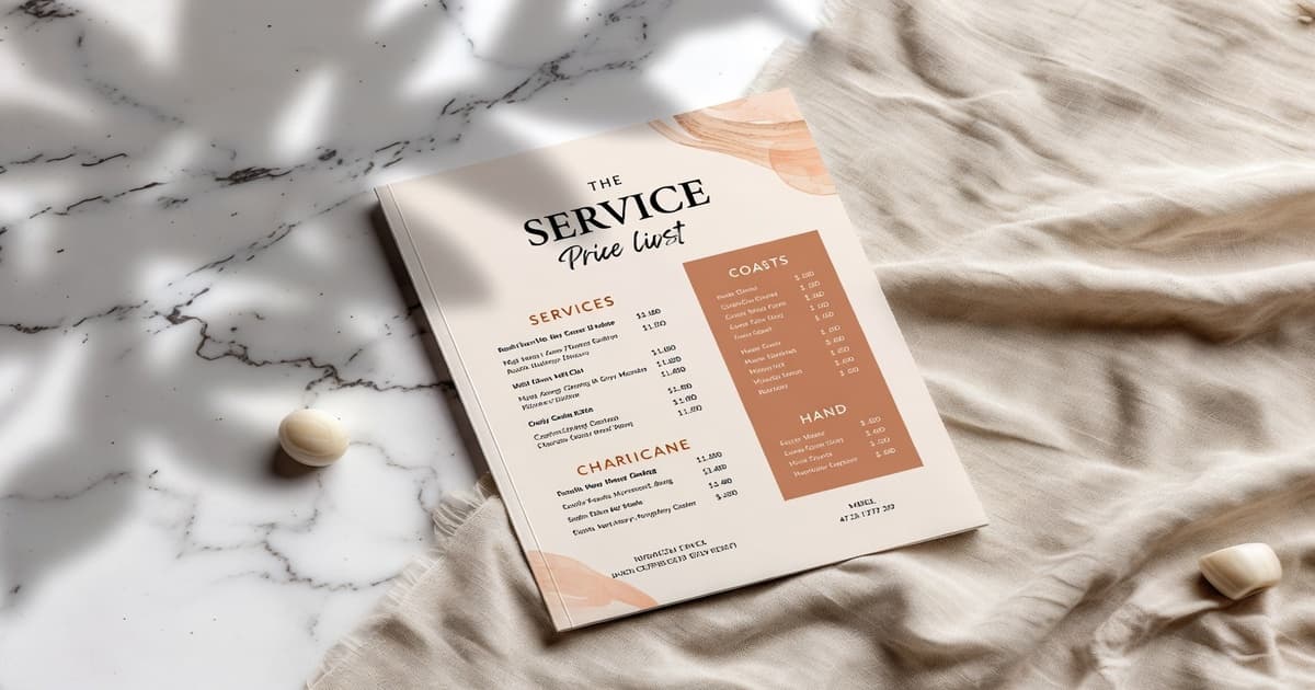 A printed service price list resting on a soft cream surface