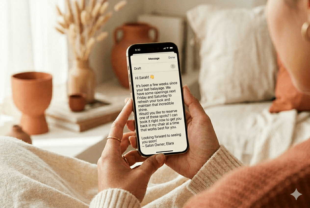 A phone displaying a friendly professional message draft in soft light