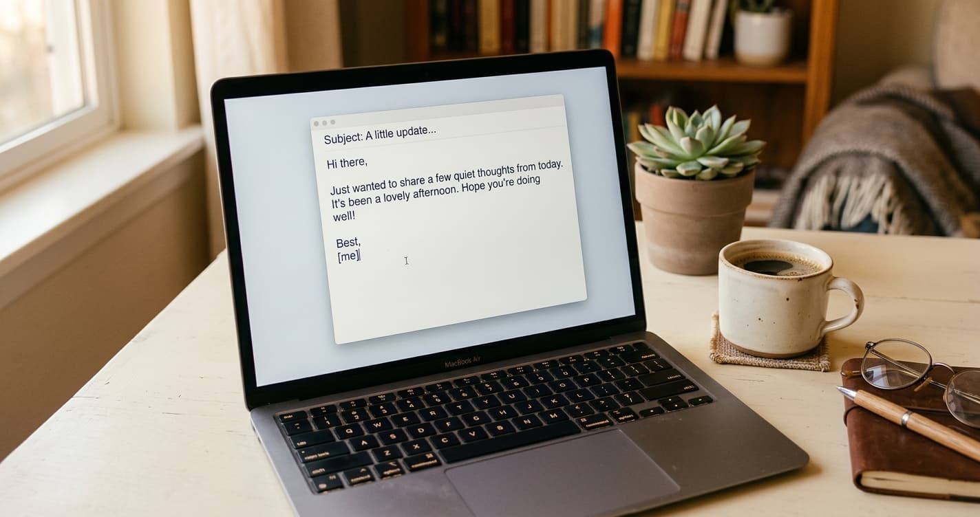 A laptop showing a clean, simple email being composed in warm light