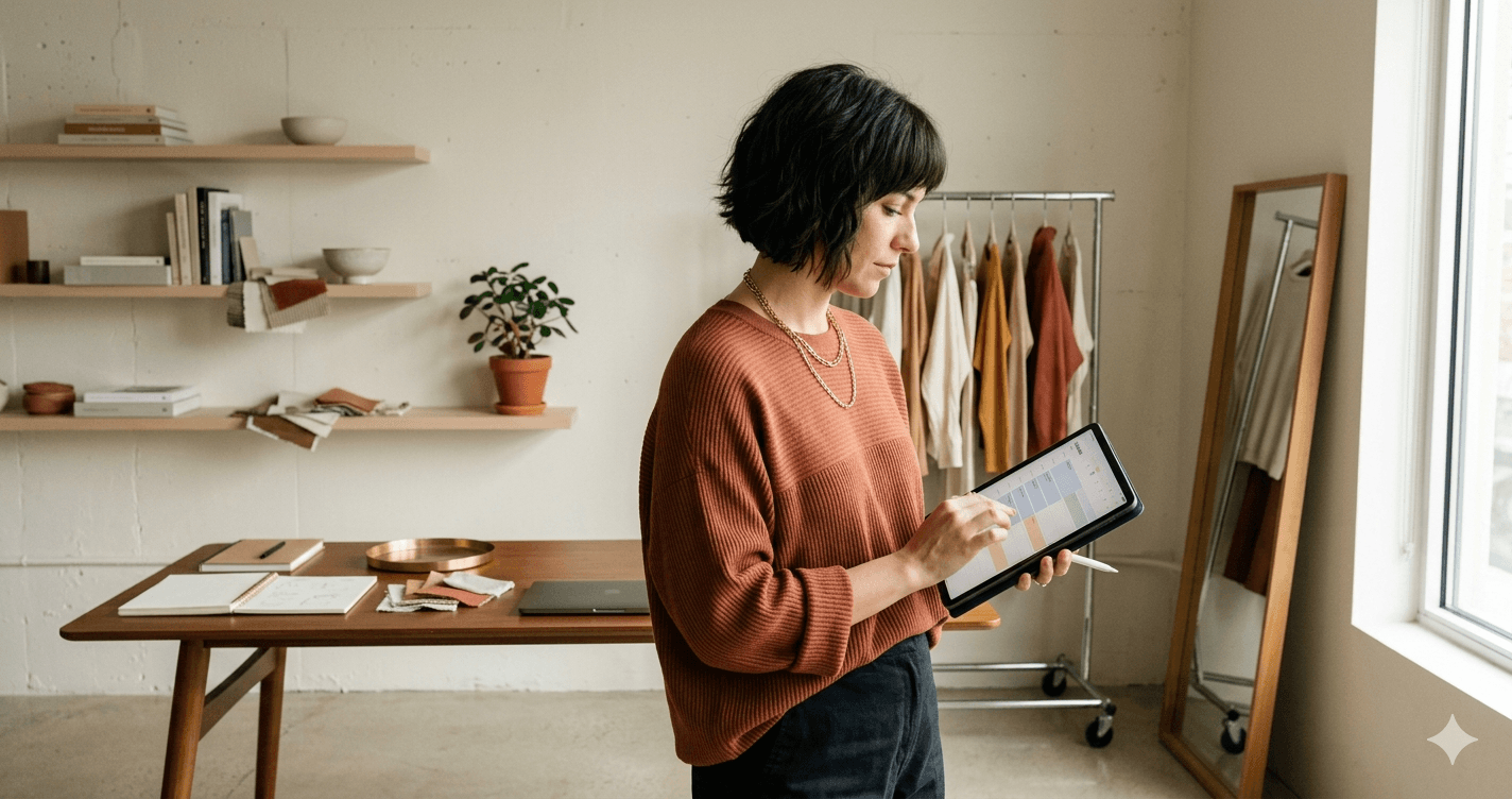 A solo stylist reviewing her schedule on a tablet in a calm studio