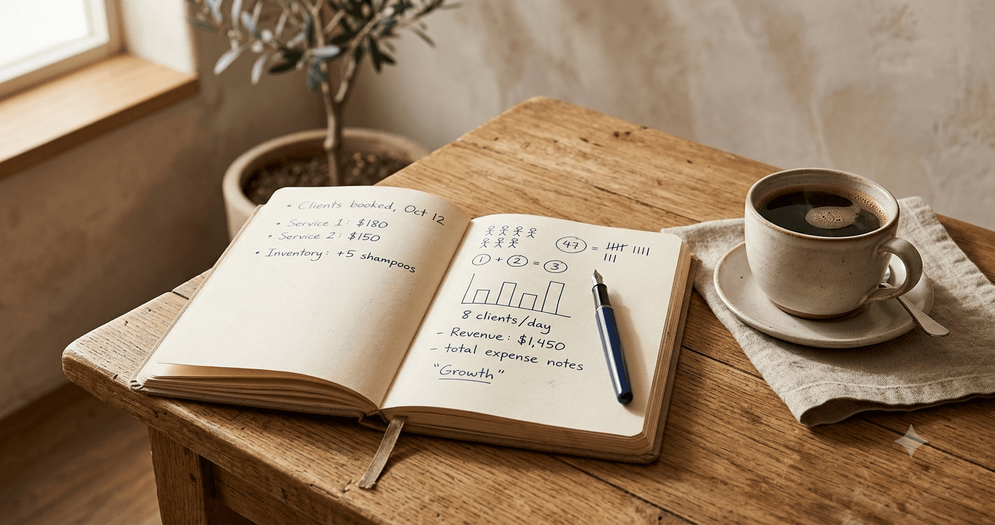 A simple notebook with a few handwritten figures beside a cup of coffee