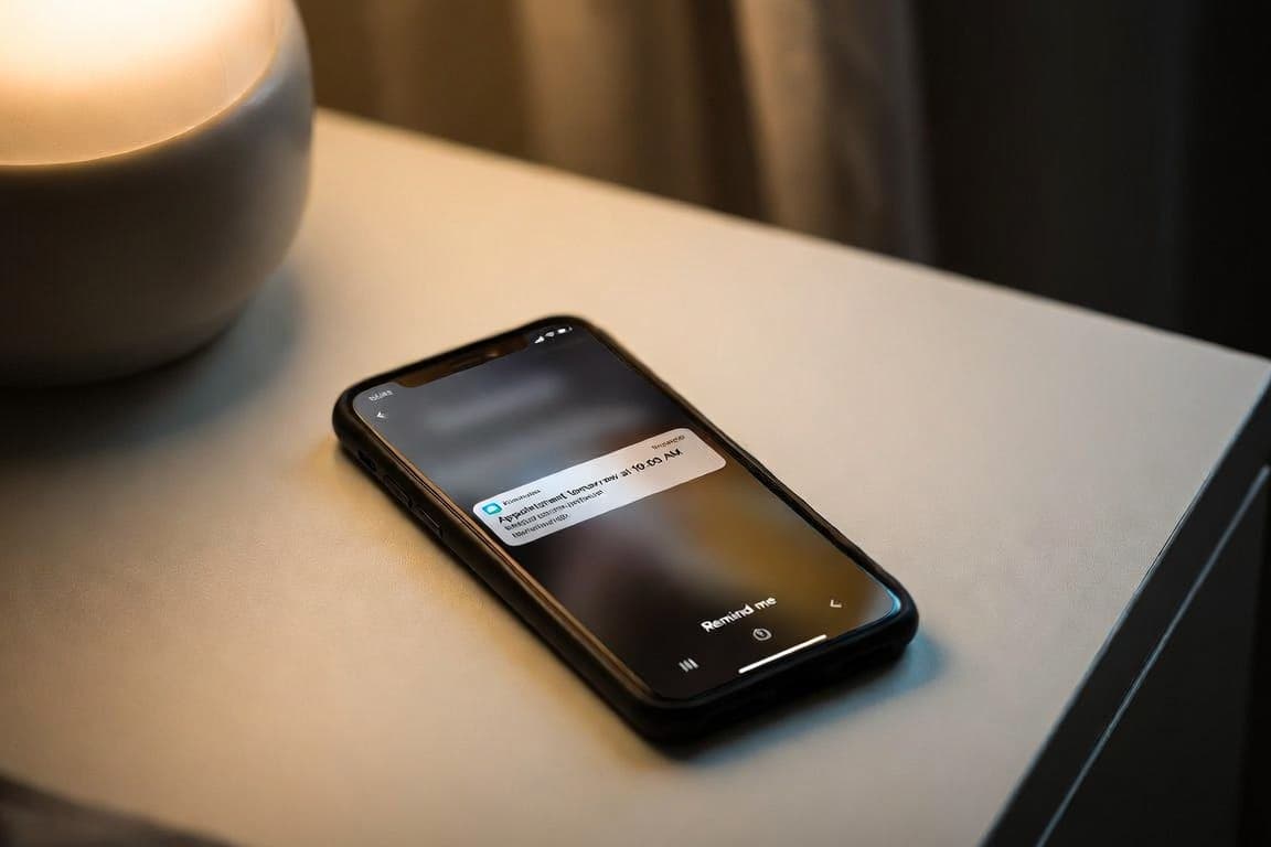 A phone on a bedside table showing an appointment reminder notification