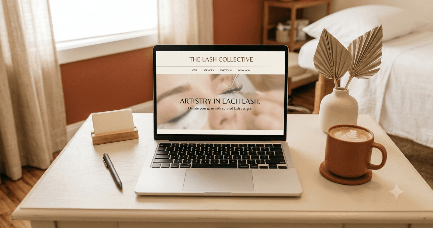 A laptop showing a clean salon website next to a coffee on a cream desk