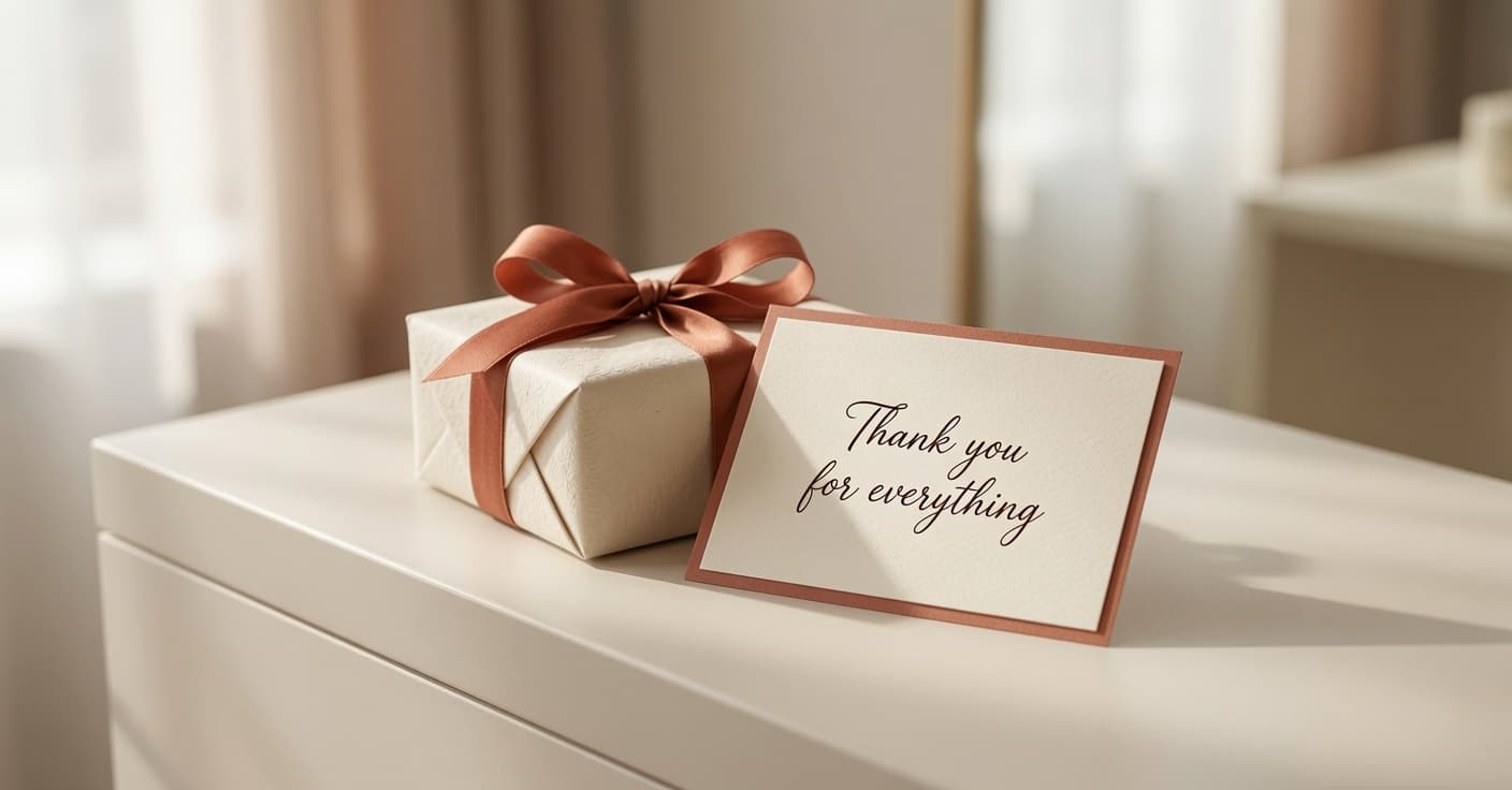 A small wrapped gift and a handwritten card on a salon counter