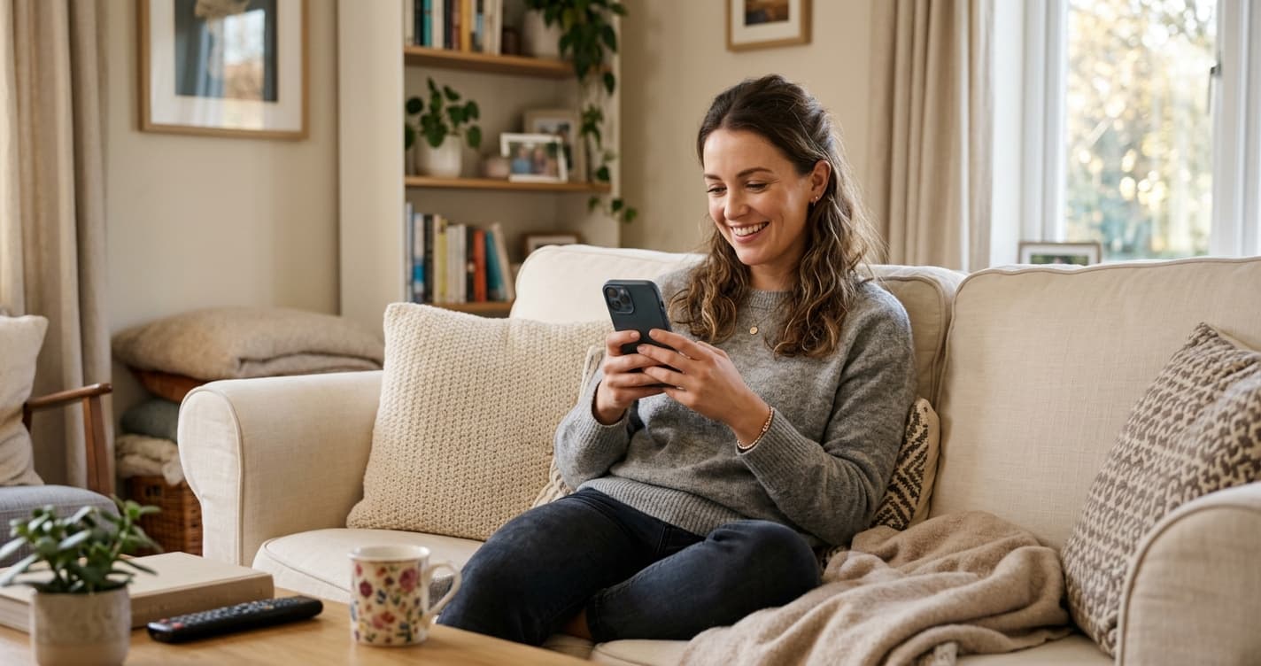 A client paying a booking deposit on her phone while relaxing at home