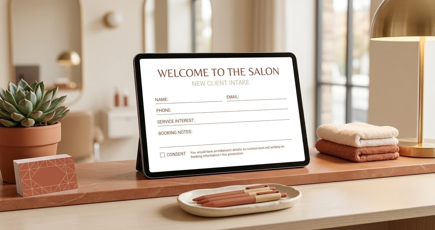 A tablet showing a clean intake form on a salon reception surface