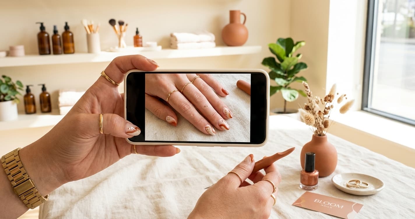 A phone photographing finished nail work in bright, clean light