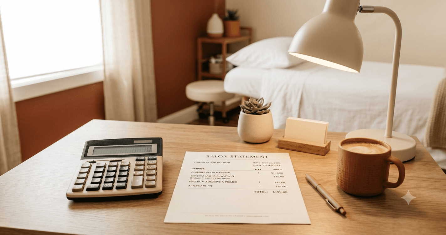 A calculator and a printed software quote on a salon desk in warm light