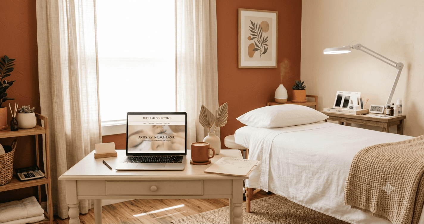 An organized salon suite with a tidy workstation and a small desk area