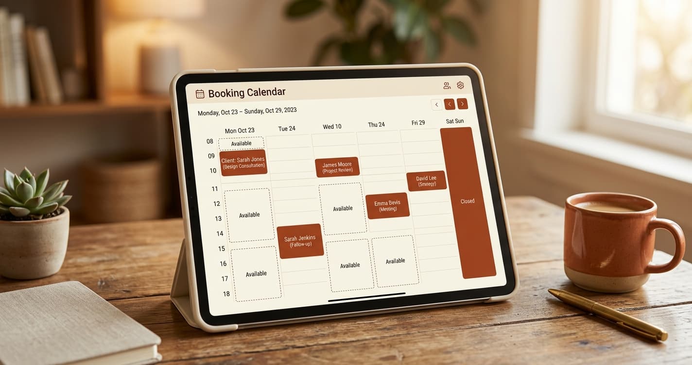 A tidy booking calendar on a tablet showing structured availability