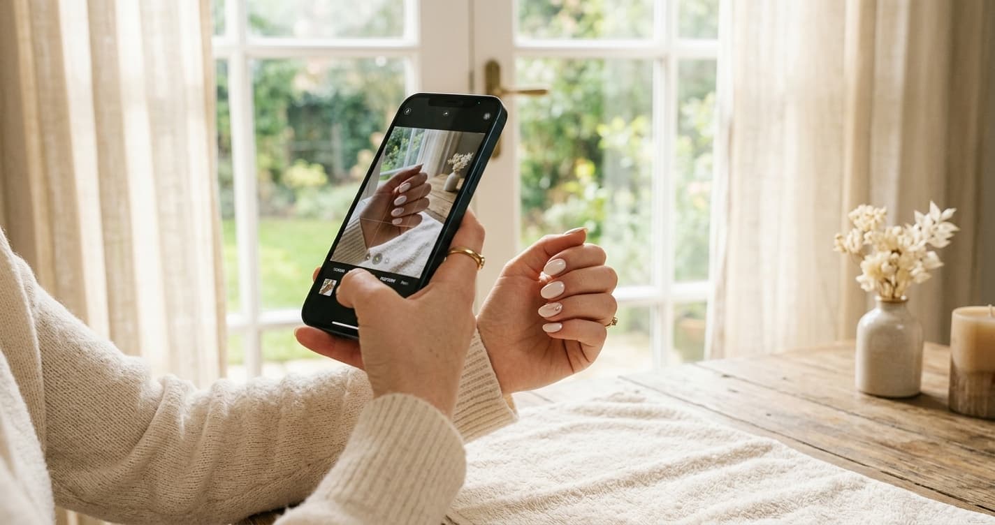 A phone capturing a finished hairstyle near a bright window