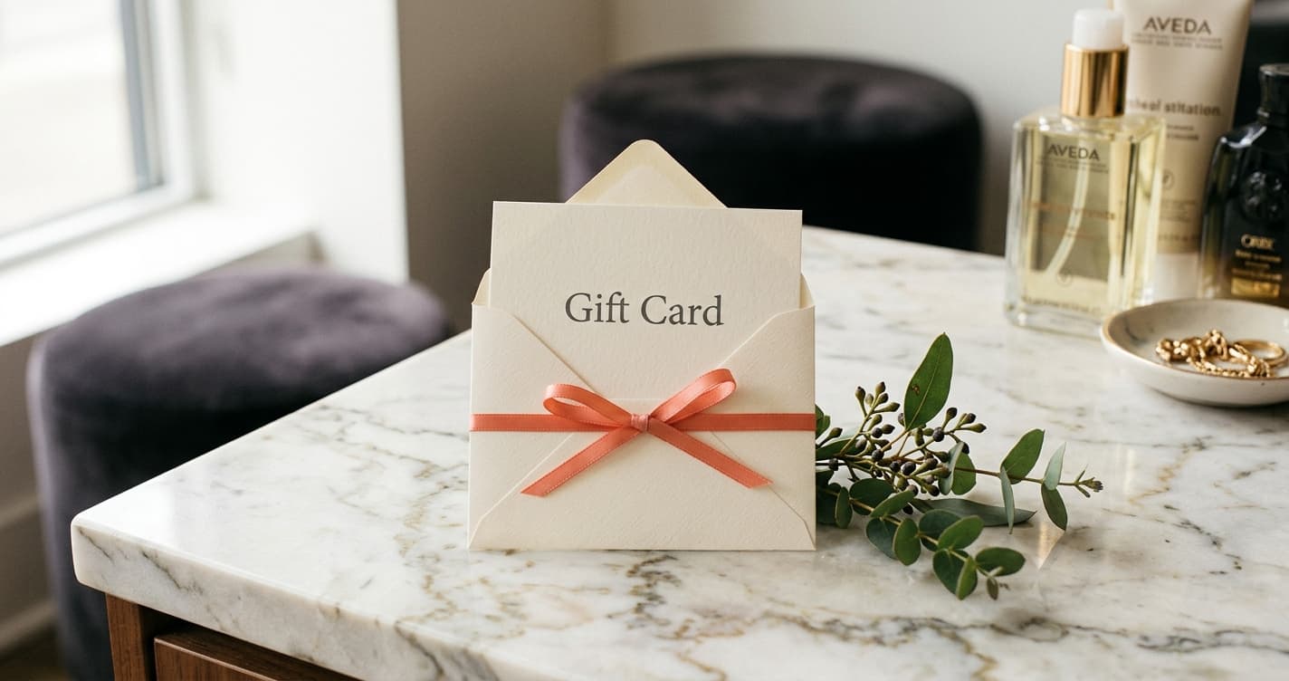 An elegant salon gift card in a small envelope tied with ribbon on a cream counter