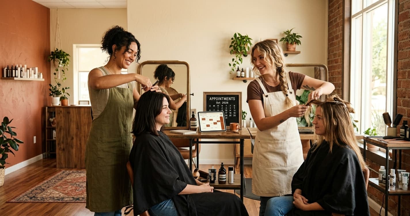 Two stylists working in a shared salon space in warm light