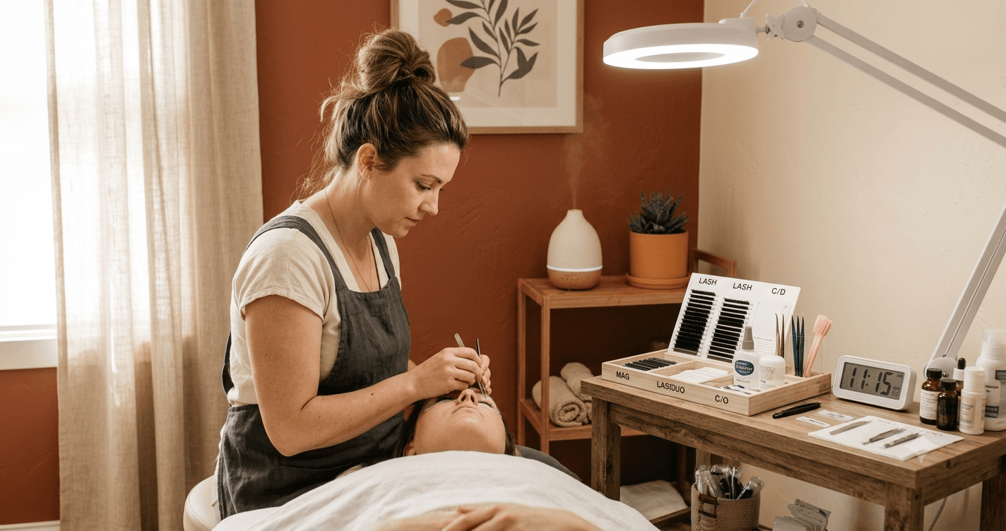 A solo beauty professional working calmly in her own studio space