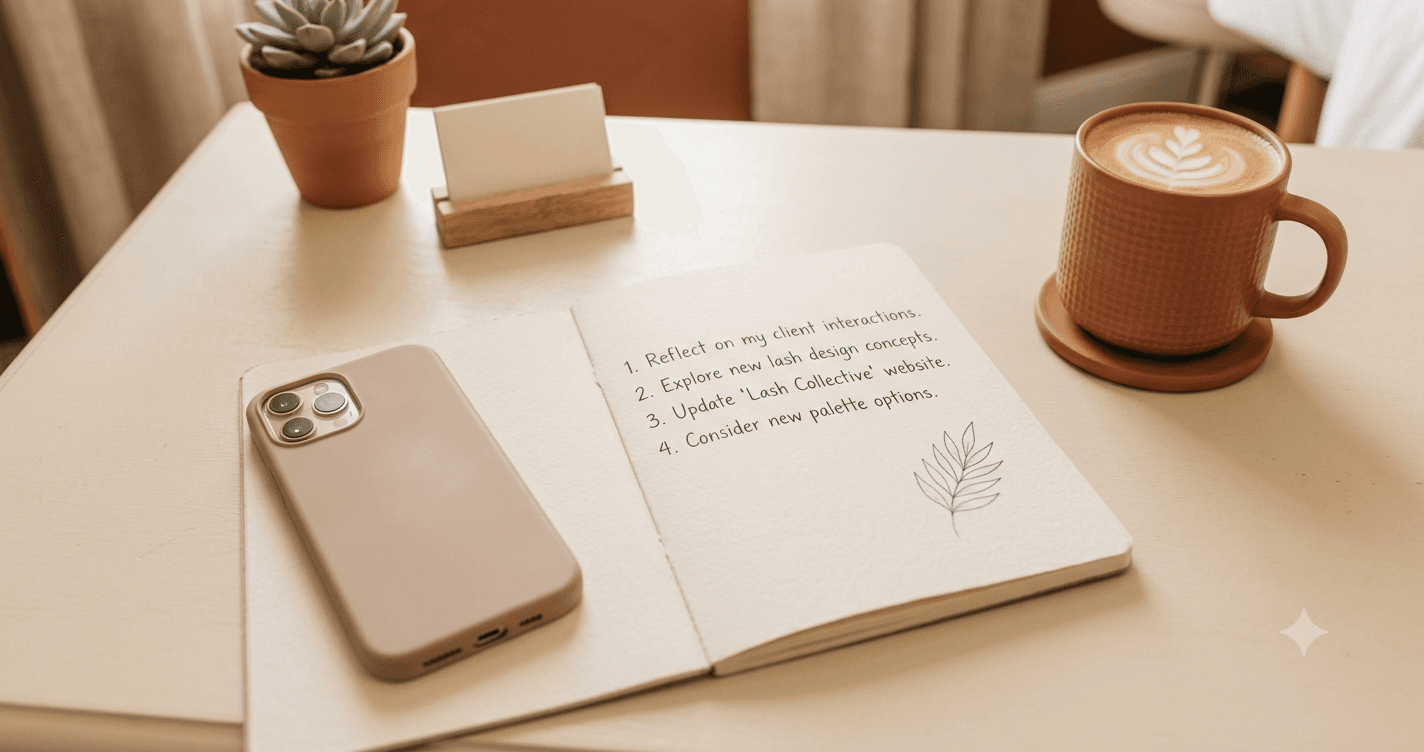 A calm workspace with a phone and notebook showing a short client list