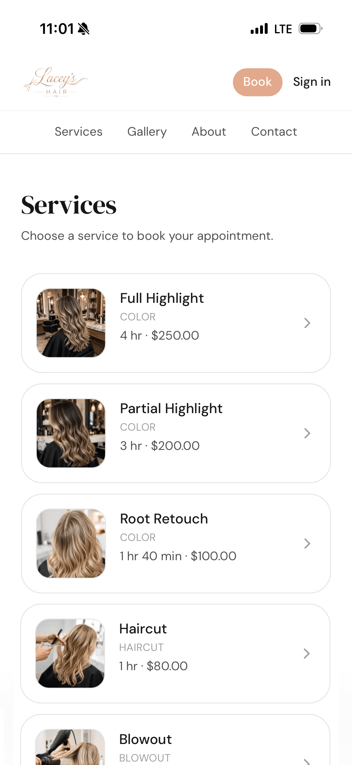 Booking site: services with photos