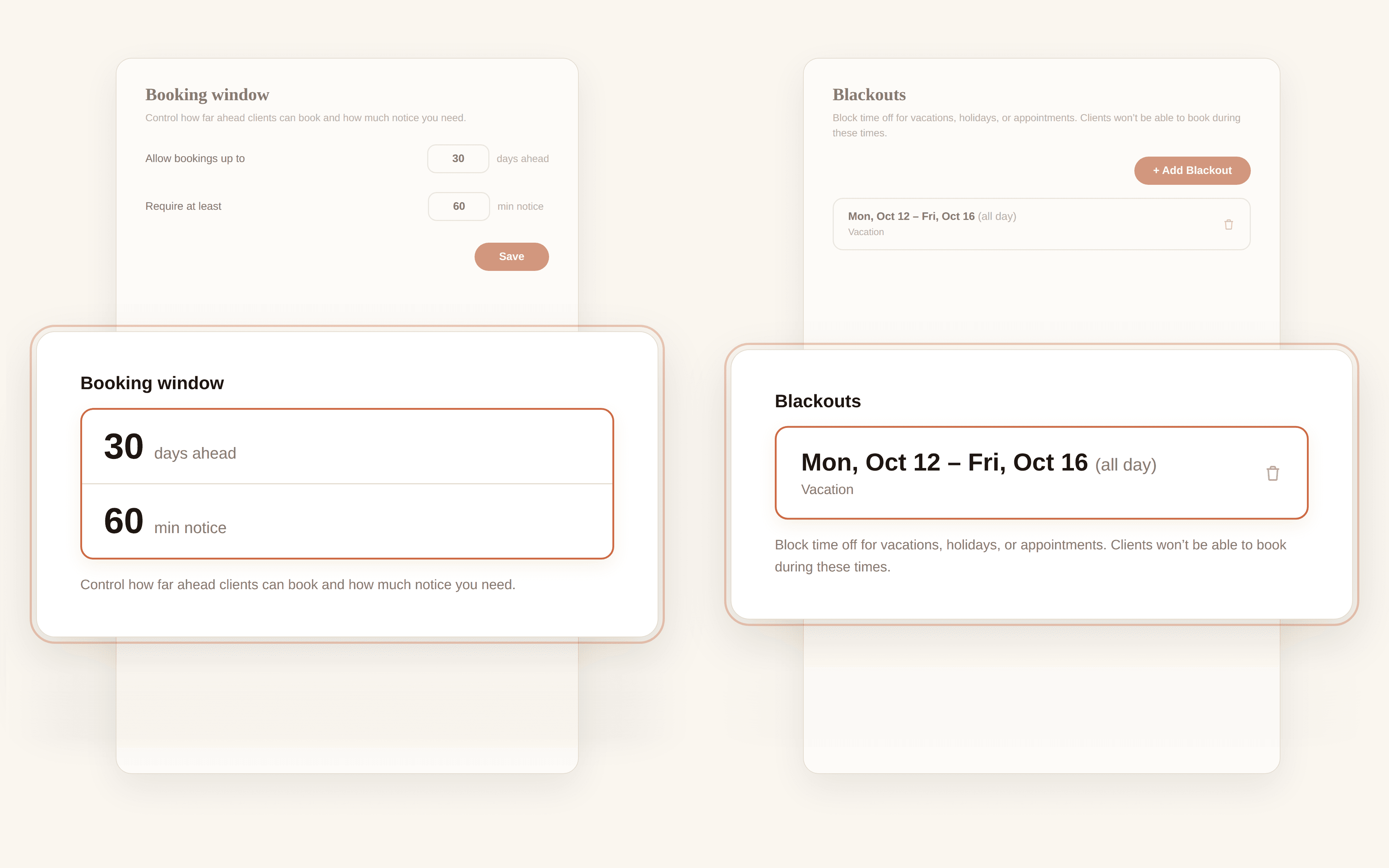 Settings: booking window and blackout dates