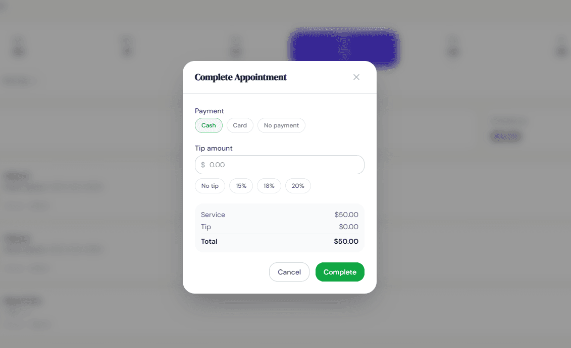 Complete appointment: payment options