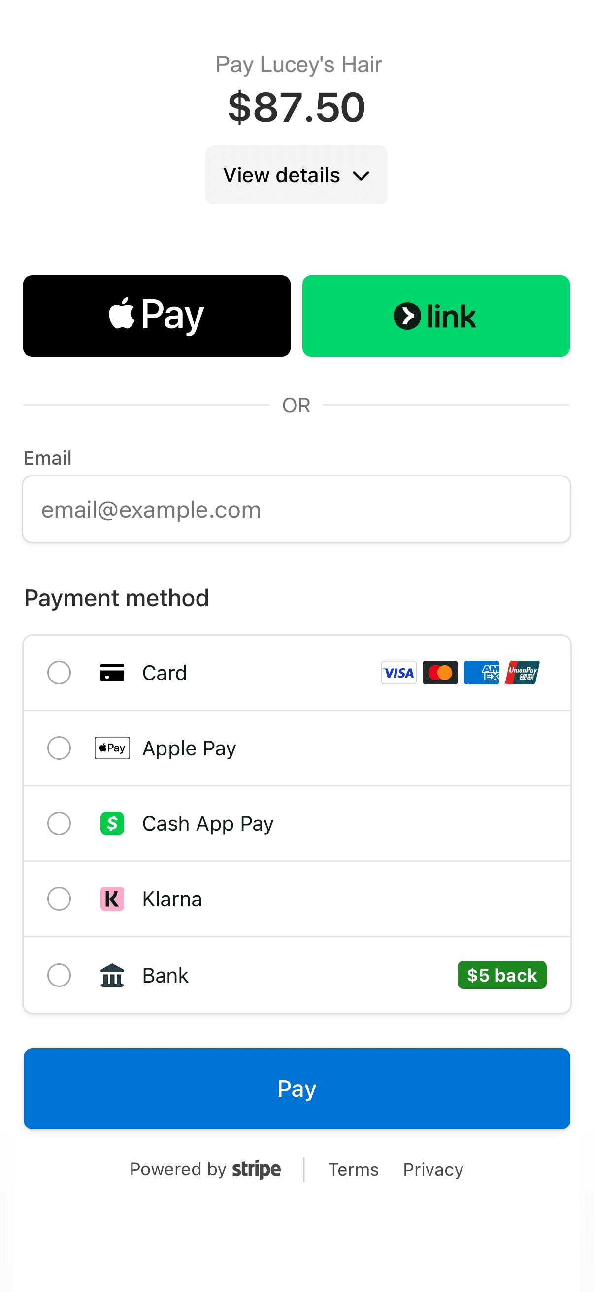 Pay page with tip options