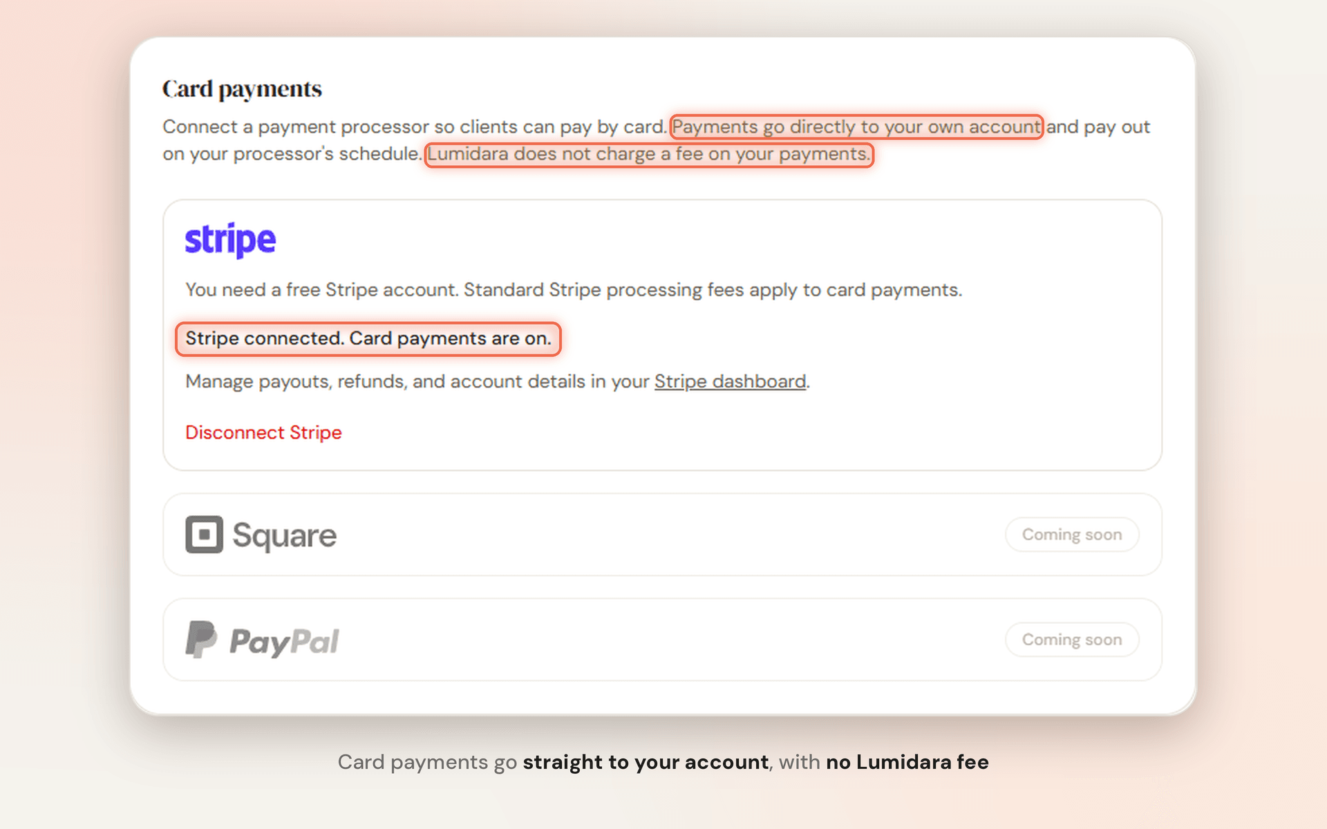 Settings: payments connected