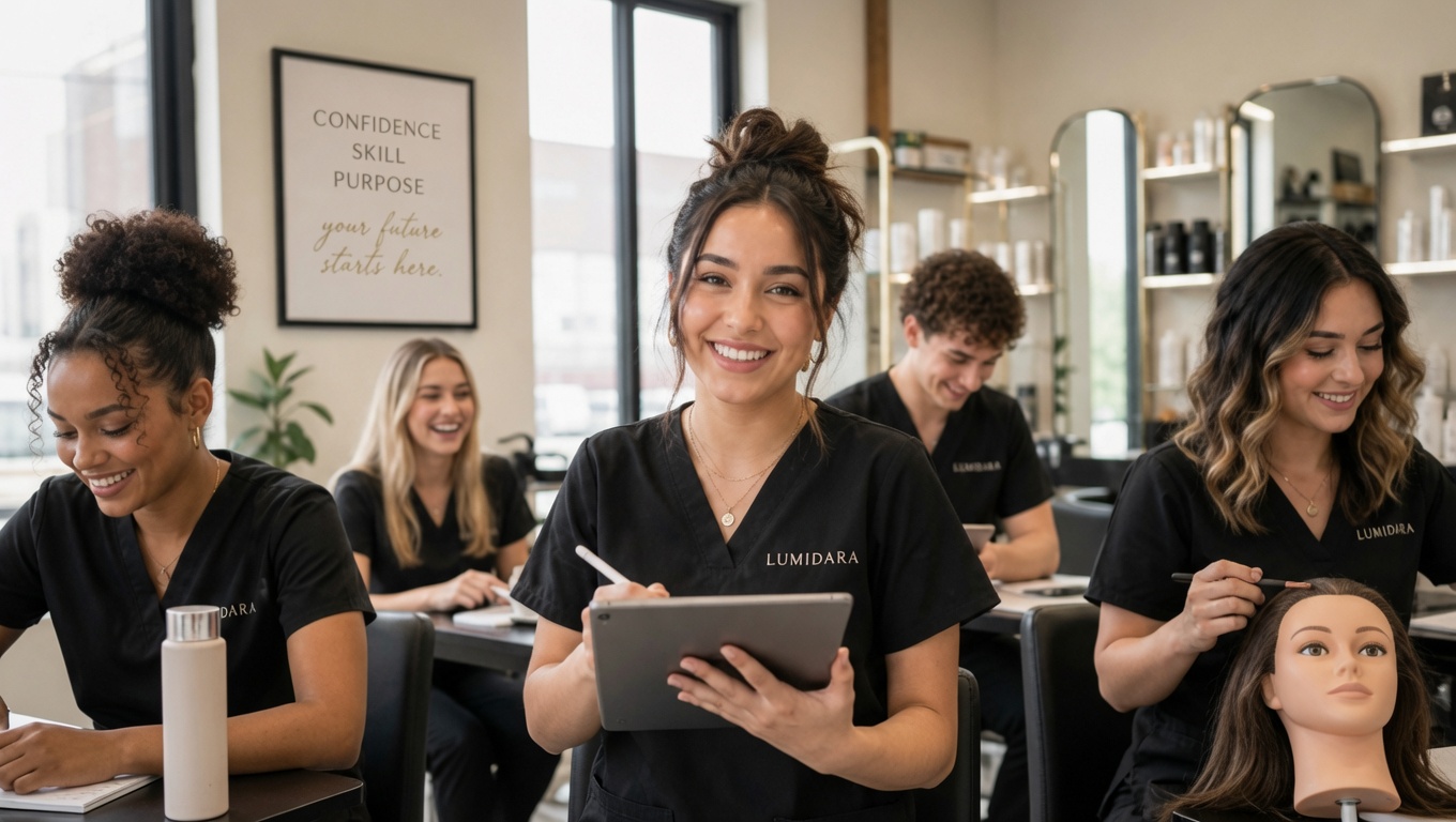 Beauty school students practicing their craft